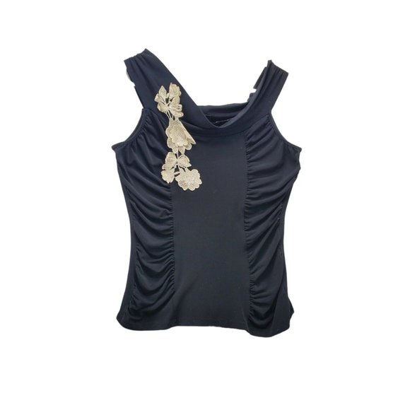 STUDIO Y Shirt Women's Dress Tank Top Gathered Sides, Floral Applique Black Med. - Picture 3 of 6